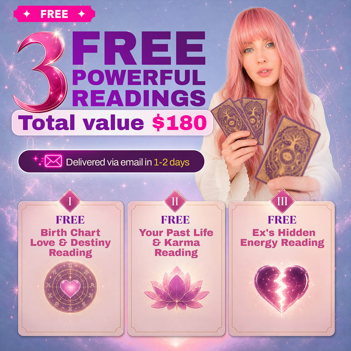 FREE Birth Chart Love & Destiny Reading + FREE Your Past Life & Karma Reading + FREE Ex's Hidden Energy Reading thumbnail-image-1